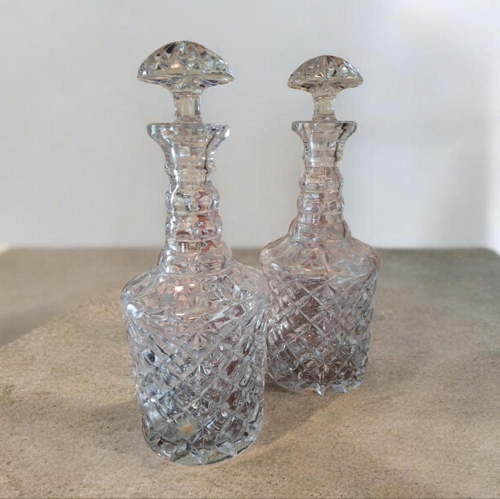 PAIR Vintage Decanter Pressedl Glass & Pressed w Stoppers 15” Tall Barware